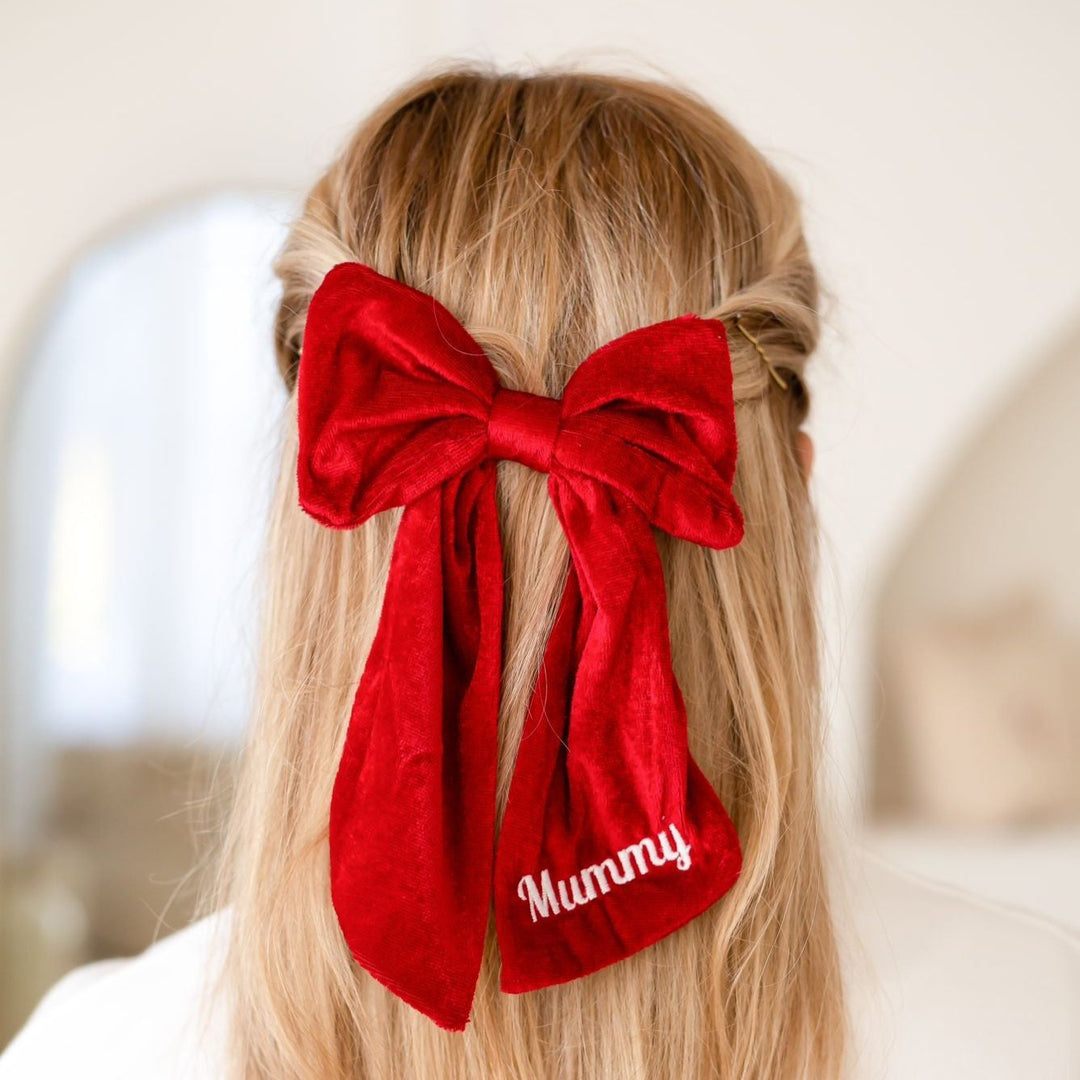 Large red Velvet Mummy Bow Clip - Embroidered