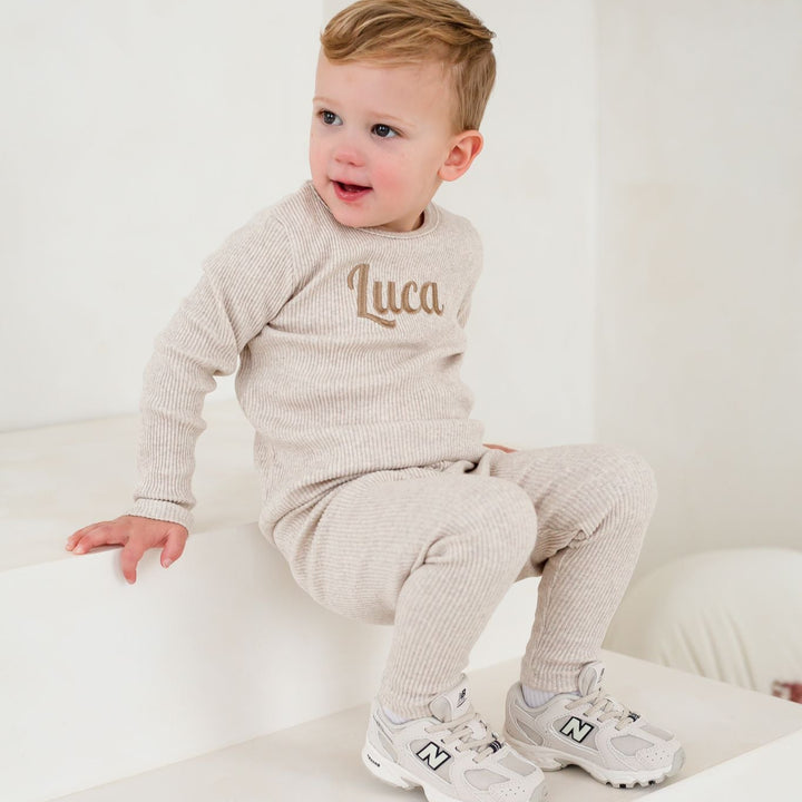 Italic Oatmeal Ribbed Set - Embroidered