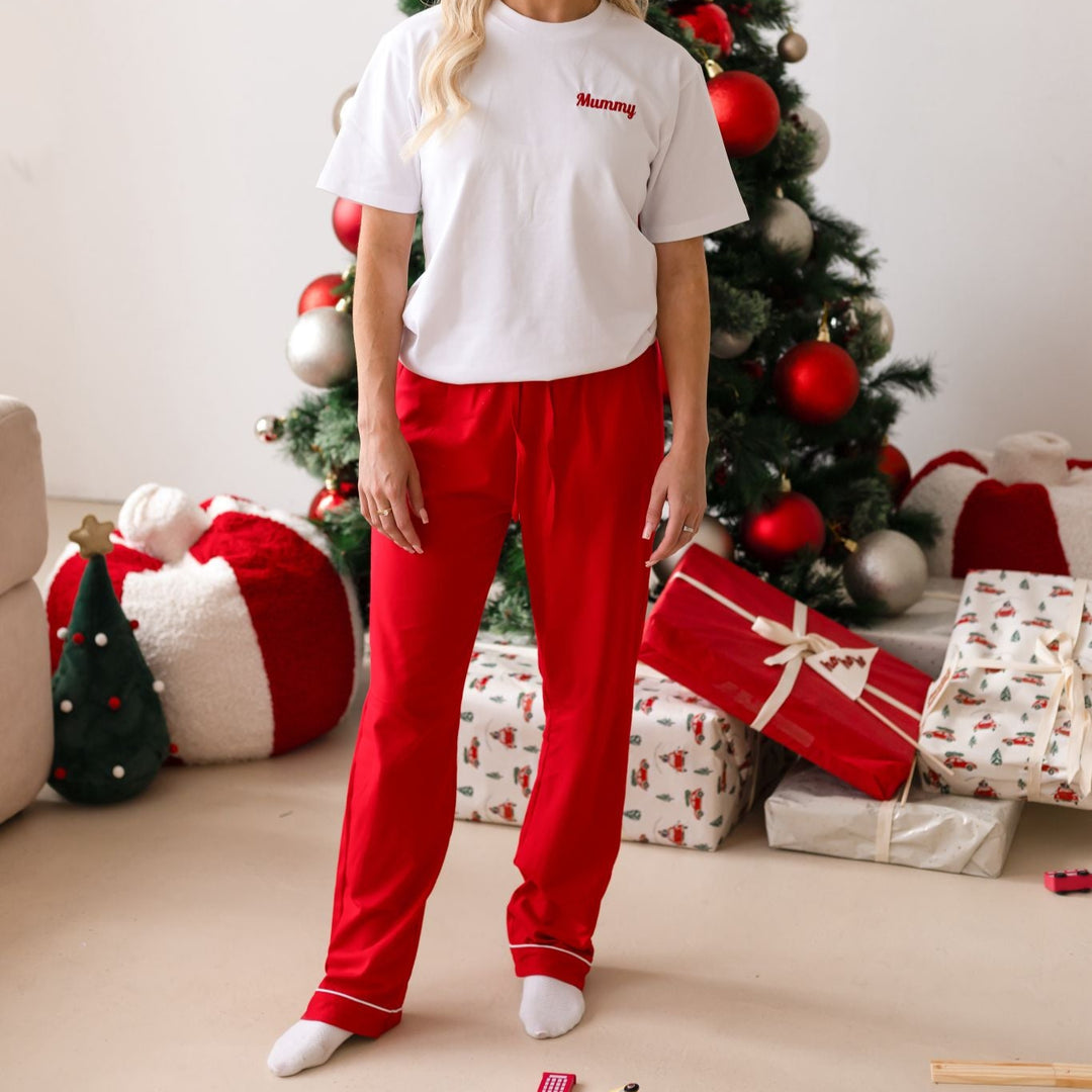Womens Family Christmas Two Piece Set - Red with White trim