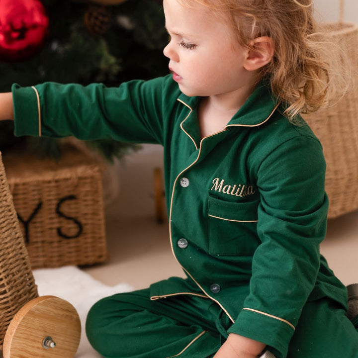 Festive Green Children's matching PJ set - Name embroidery