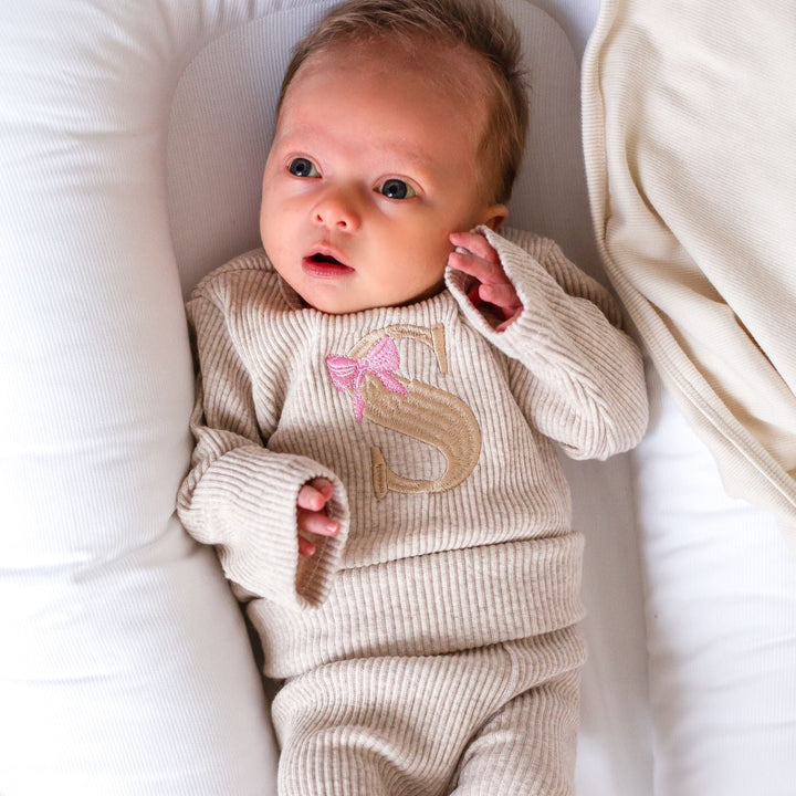 Oatmeal Bow Initial Ribbed Set - Embroidered