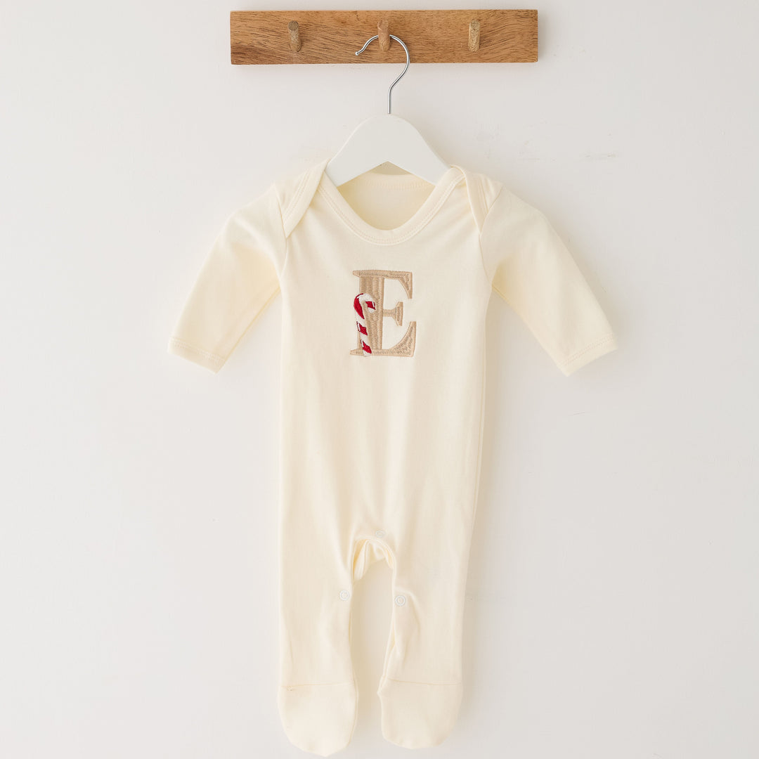 Vanilla Candy Cane Initial Rompersuit - Embroidered