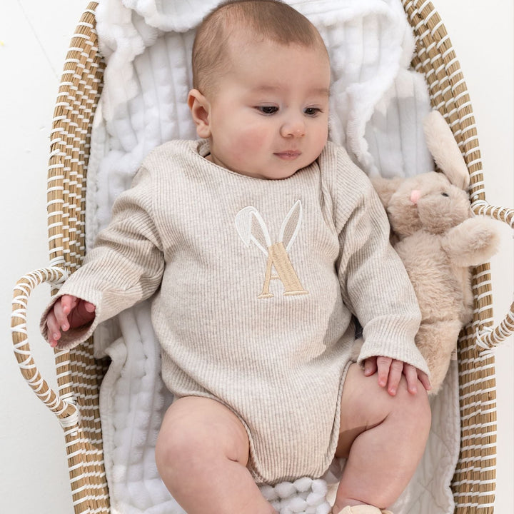 Oatmeal Bunny Name Ribbed BODYSUIT - Embroidered