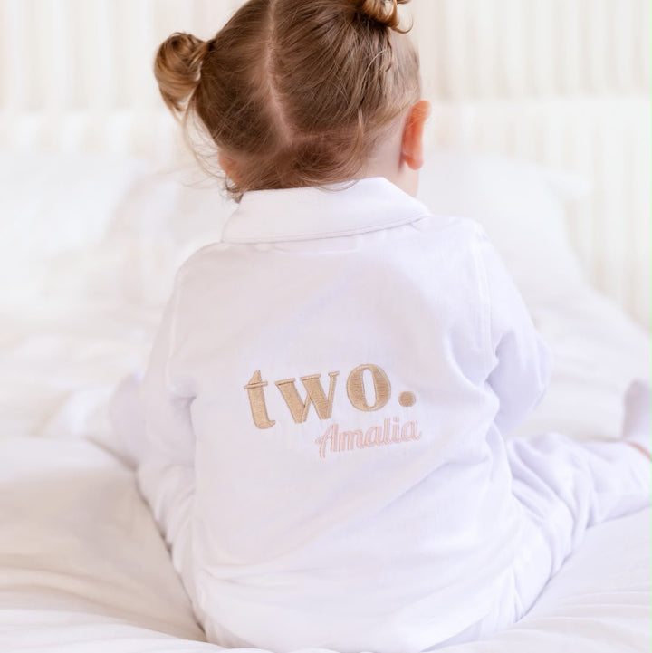 Birthday Age White Button Up Pyjama Set - Embroidered two side