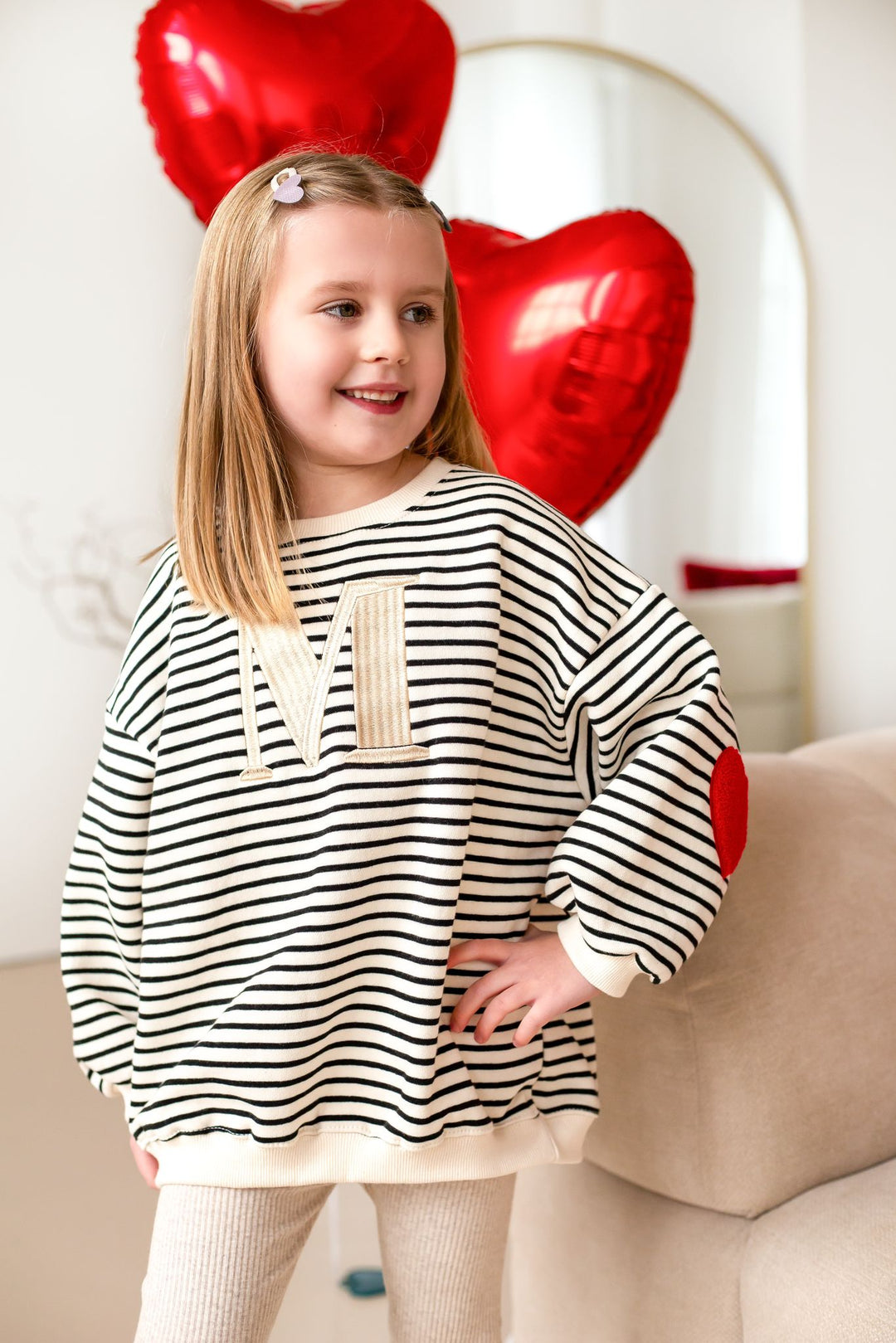 Fleece Stripe Heart Sweatshirt - Embroidered (Initial)