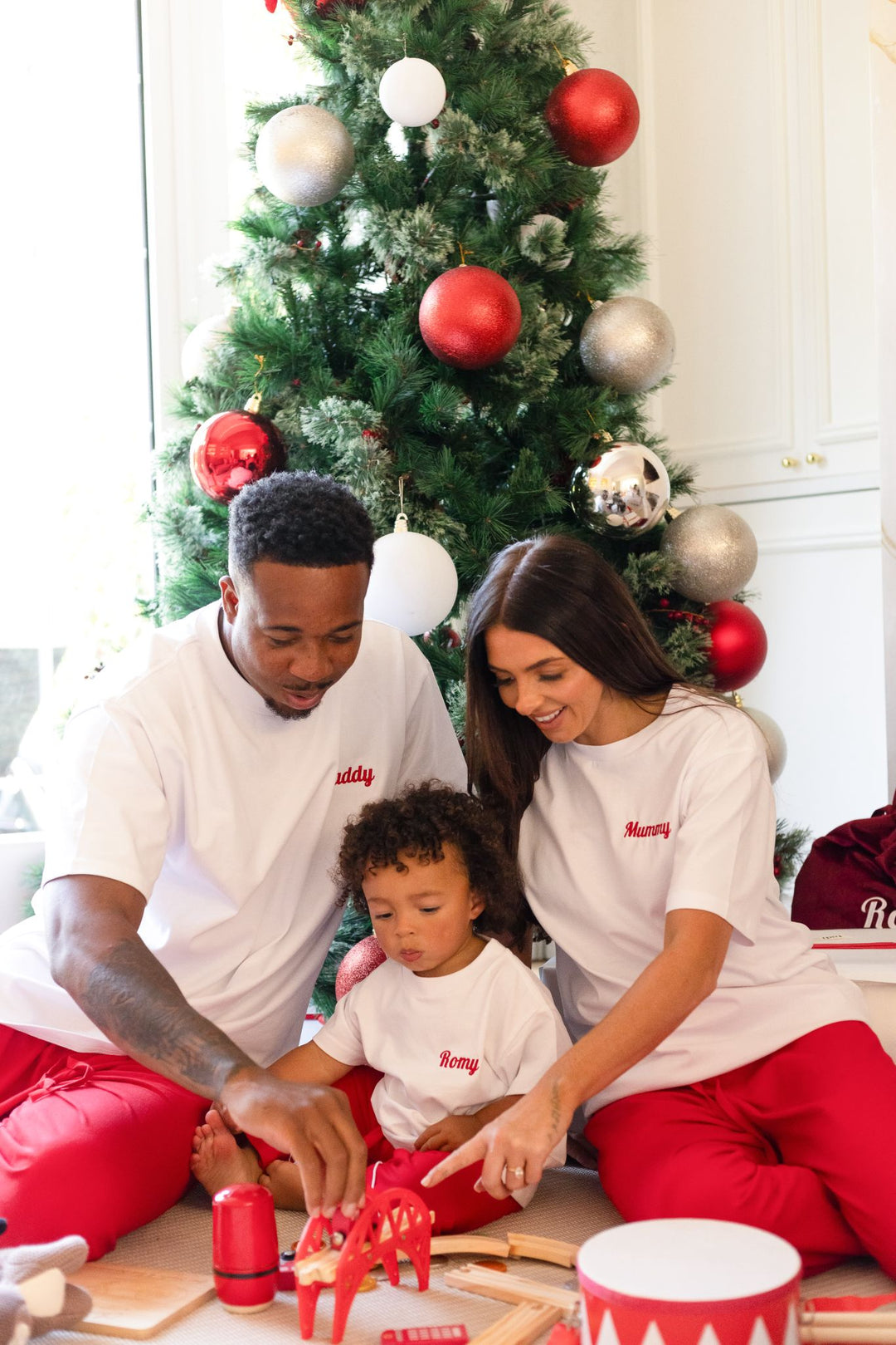 Womens Family Christmas Two Piece Set - Red with White trim