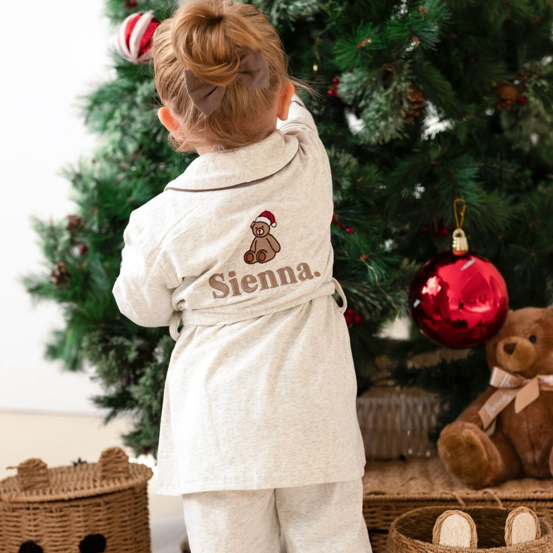 Oatmilk Dressing gown - Bear Santas Hat embroidery