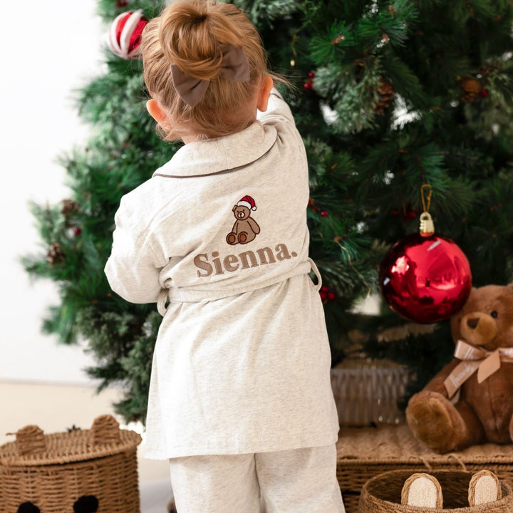 Oatmilk Dressing gown - Bear Santas Hat embroidery