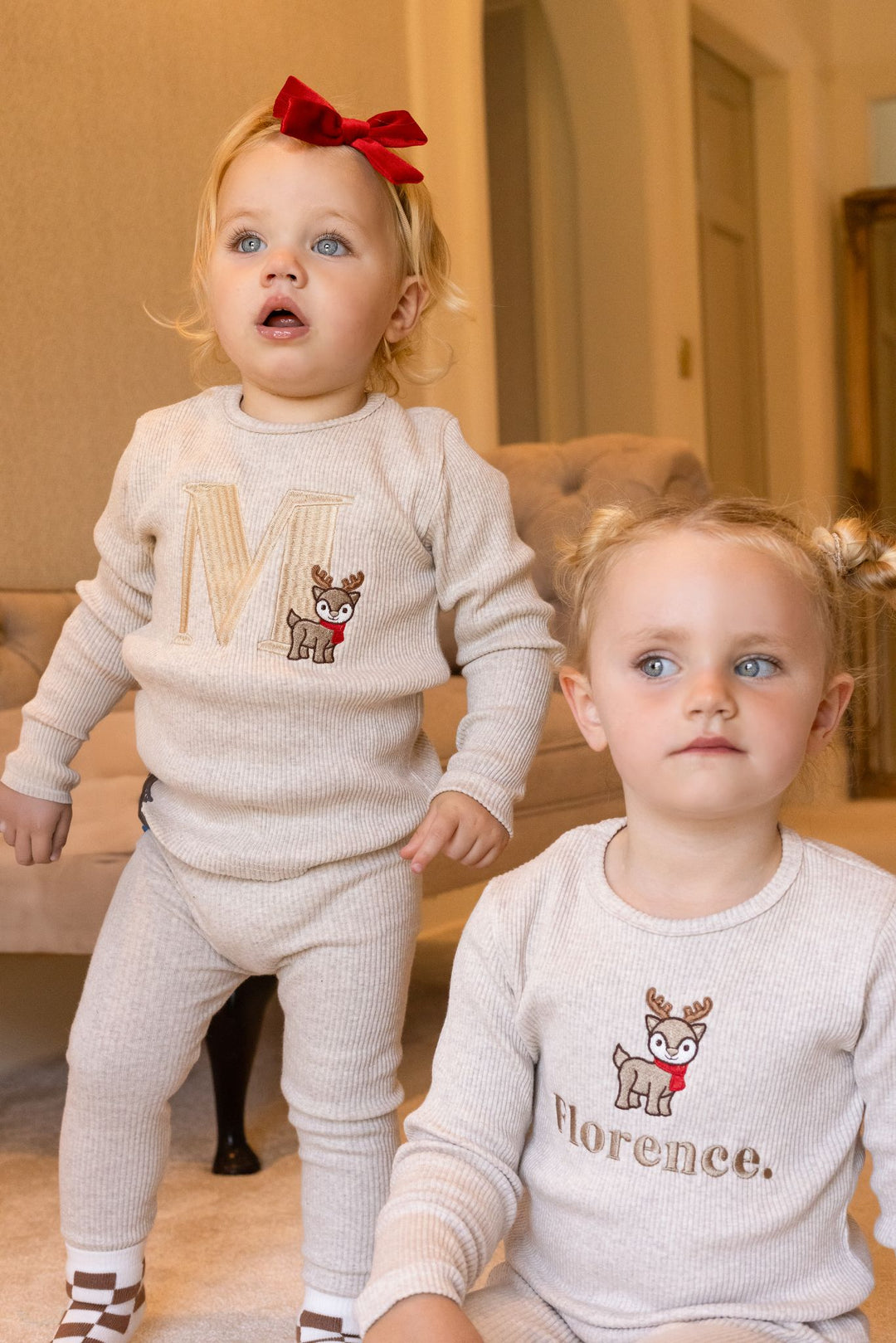 Oatmeal Reindeer Initial Ribbed Set - Embroidered