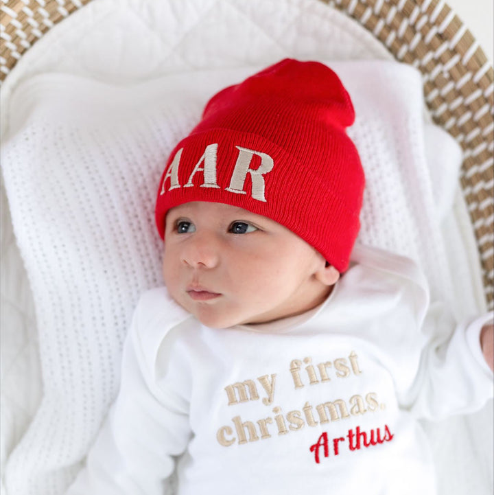 Name Baby RED Ribbed Beanie - embroidered