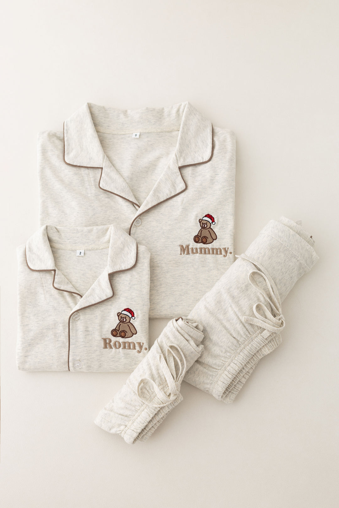 Oatmilk Children's matching PJ set - Bear Santas Hat embroidery