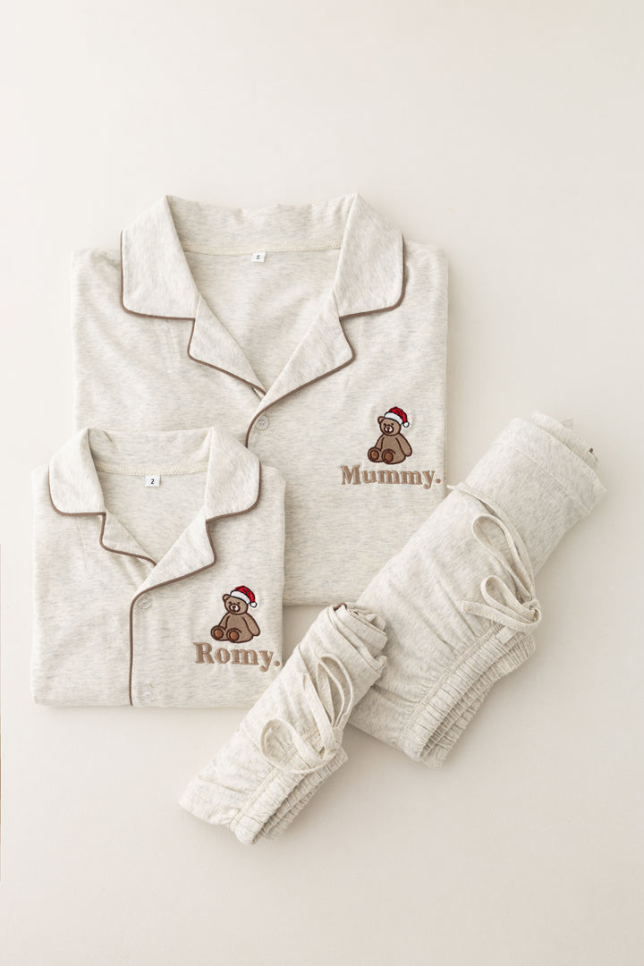 Oatmilk Children's matching PJ set - Bear Santas Hat embroidery