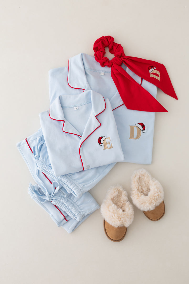 Sleigh Blue Children's matching PJ set - Initial Santas Hat embroidery