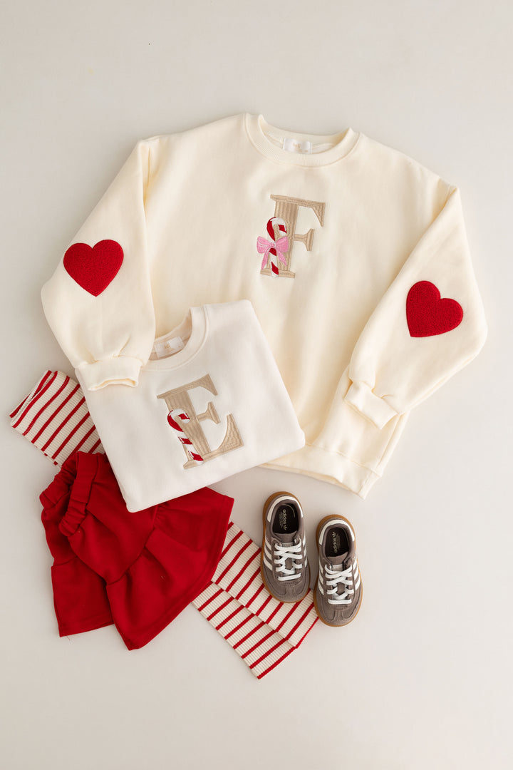 Candy Cane Initial Heart Sleeve Sweatshirt - Embroidered