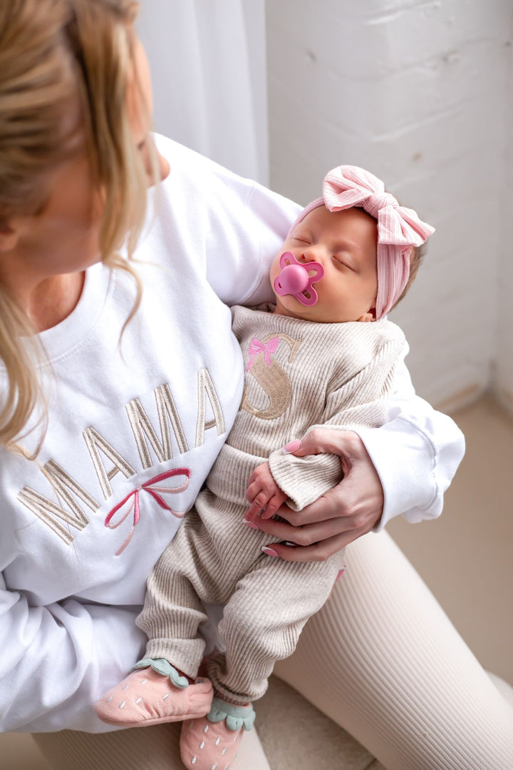 Oatmeal Bow Initial Ribbed Set - Embroidered