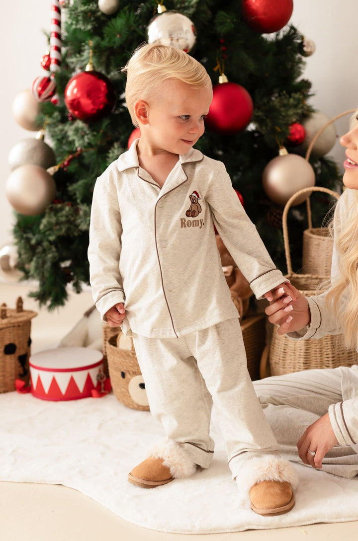 Oatmilk Children's matching PJ set - Bear Santas Hat embroidery