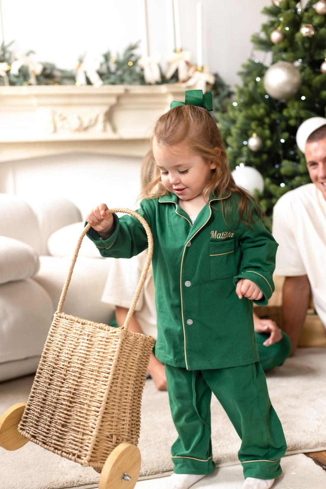 Festive Green Children's matching PJ set - Name embroidery