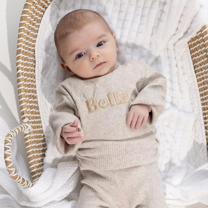 Oatmeal Bunny Name Ribbed Set - Embroidered