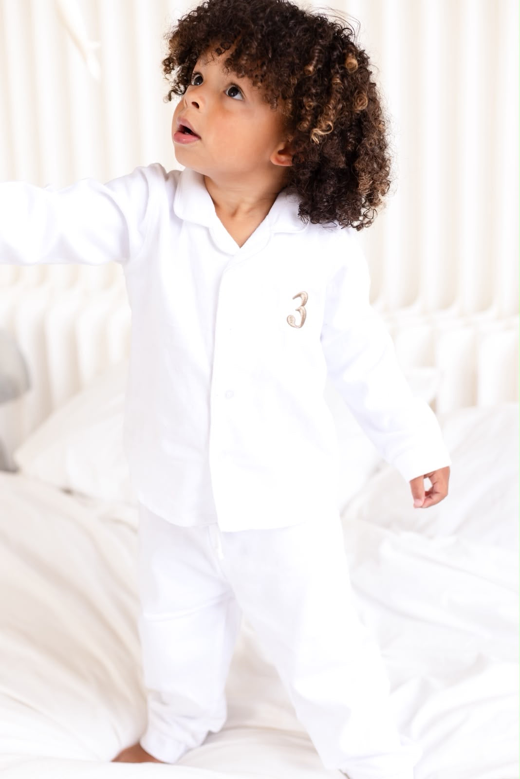 Birthday Age White Button Up Pyjama Set - Embroidered two side