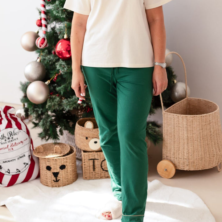Festive Green Women's matching PJ set - Initial Elf Hat (embroidery)