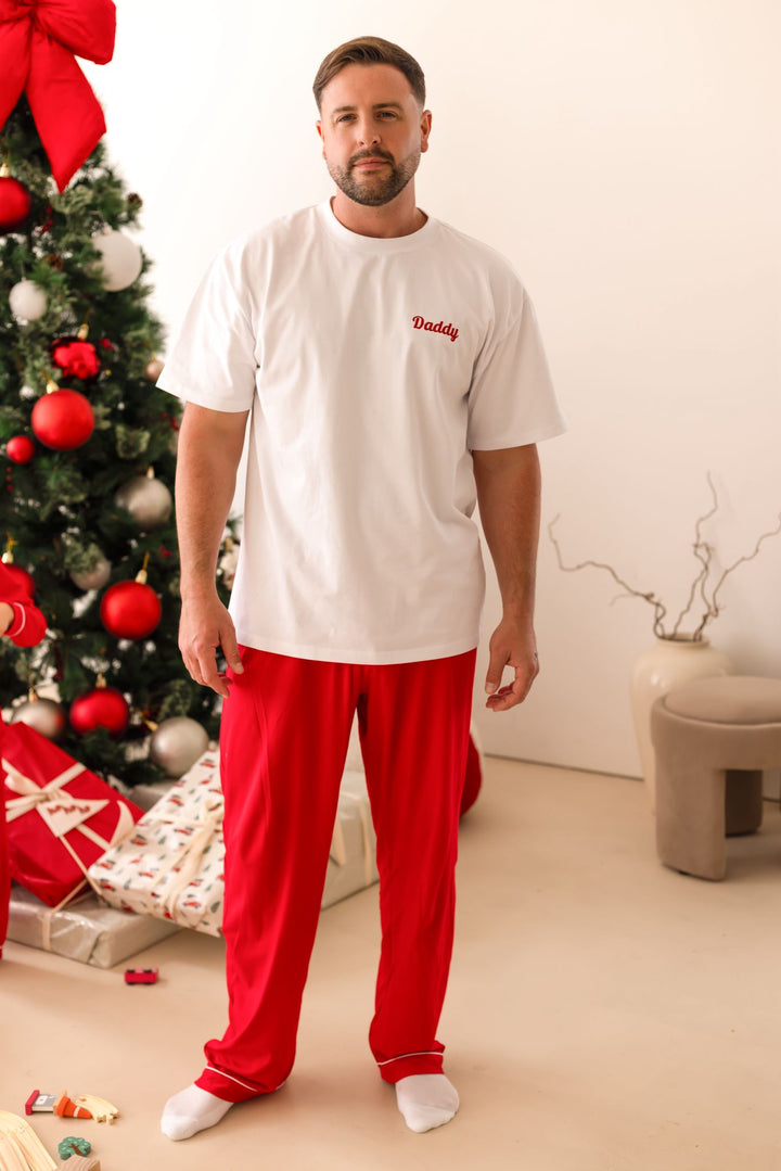Mens Family Christmas Two Piece Set - Red with White trim