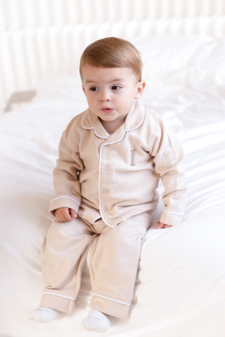 Bear Birthday Latte Button Up Pyjama Set - Embroidered two side