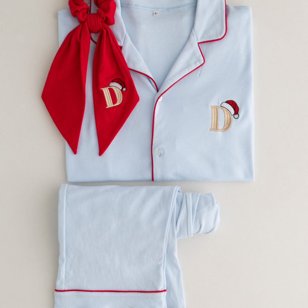 Sleigh Blue Women's matching PJ set - Initial Santas Hat embroidery