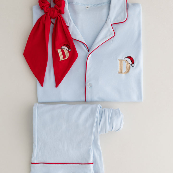 Sleigh Blue Women's matching PJ set - Initial Santas Hat embroidery