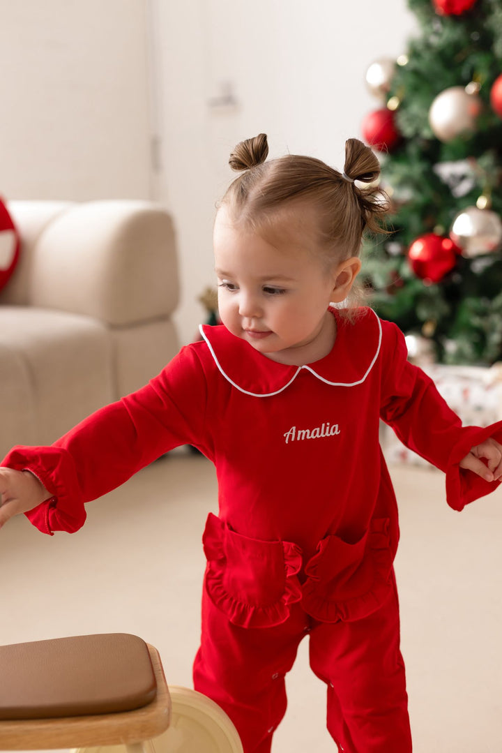 Frill Red Rompersuit with white trim - Embroidered