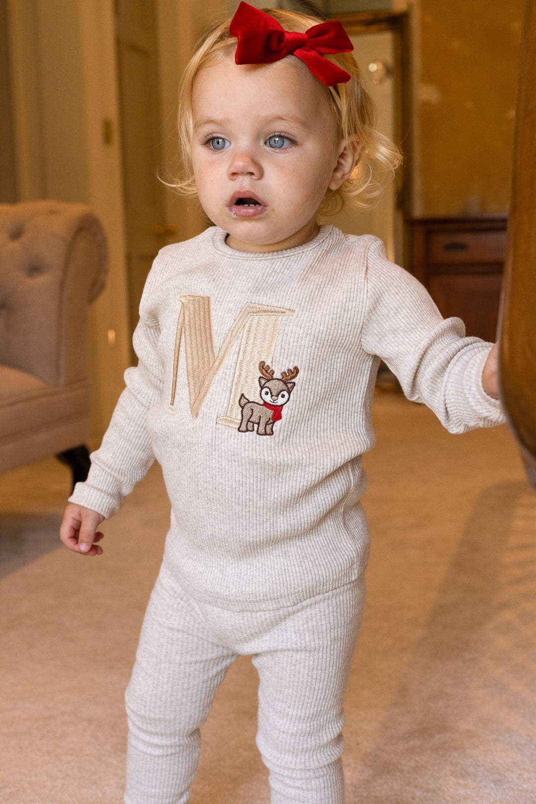 Oatmeal Reindeer Initial Ribbed Set - Embroidered