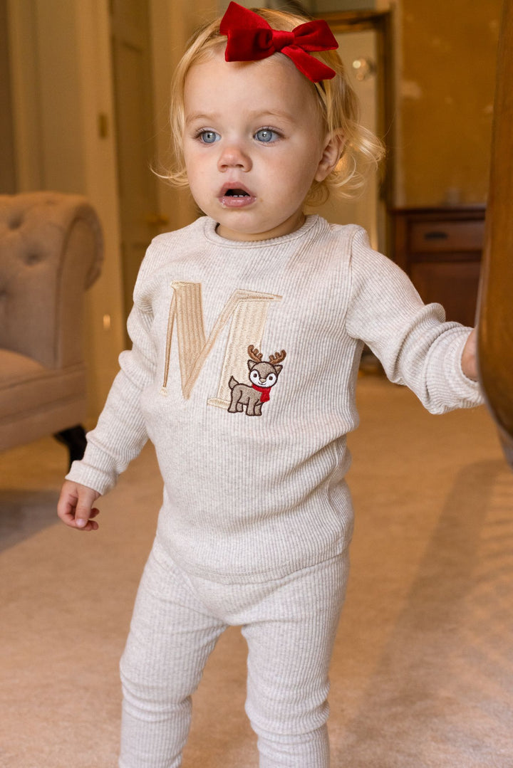 Oatmeal Reindeer Initial Ribbed Set - Embroidered