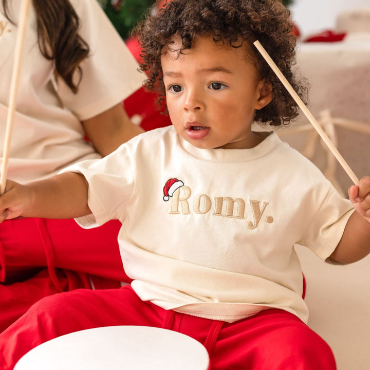 Child Santa's Hat Two Piece Bodysuit/Tshirt Set - Embroidered