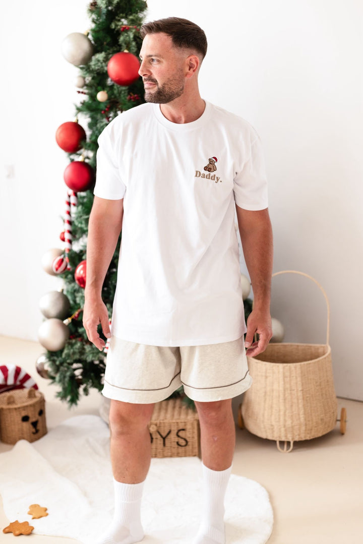 Oatmilk Men's matching PJ set -  Bear Santas Hat embroidery