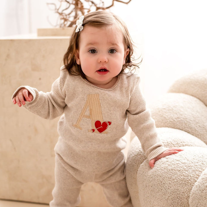 Heart Oatmeal Ribbed Sets - Embroidery