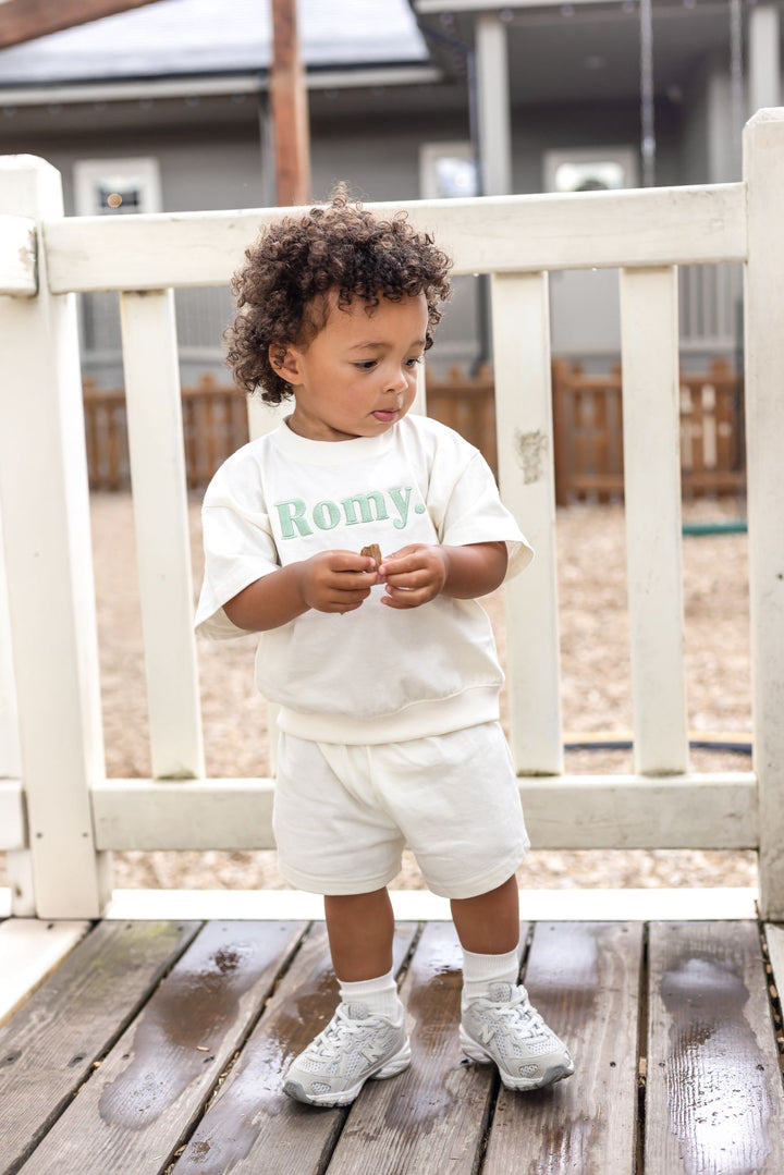 Vanilla with Pistachio Thread Name Indi Elle Short Set - Signature Embroidered