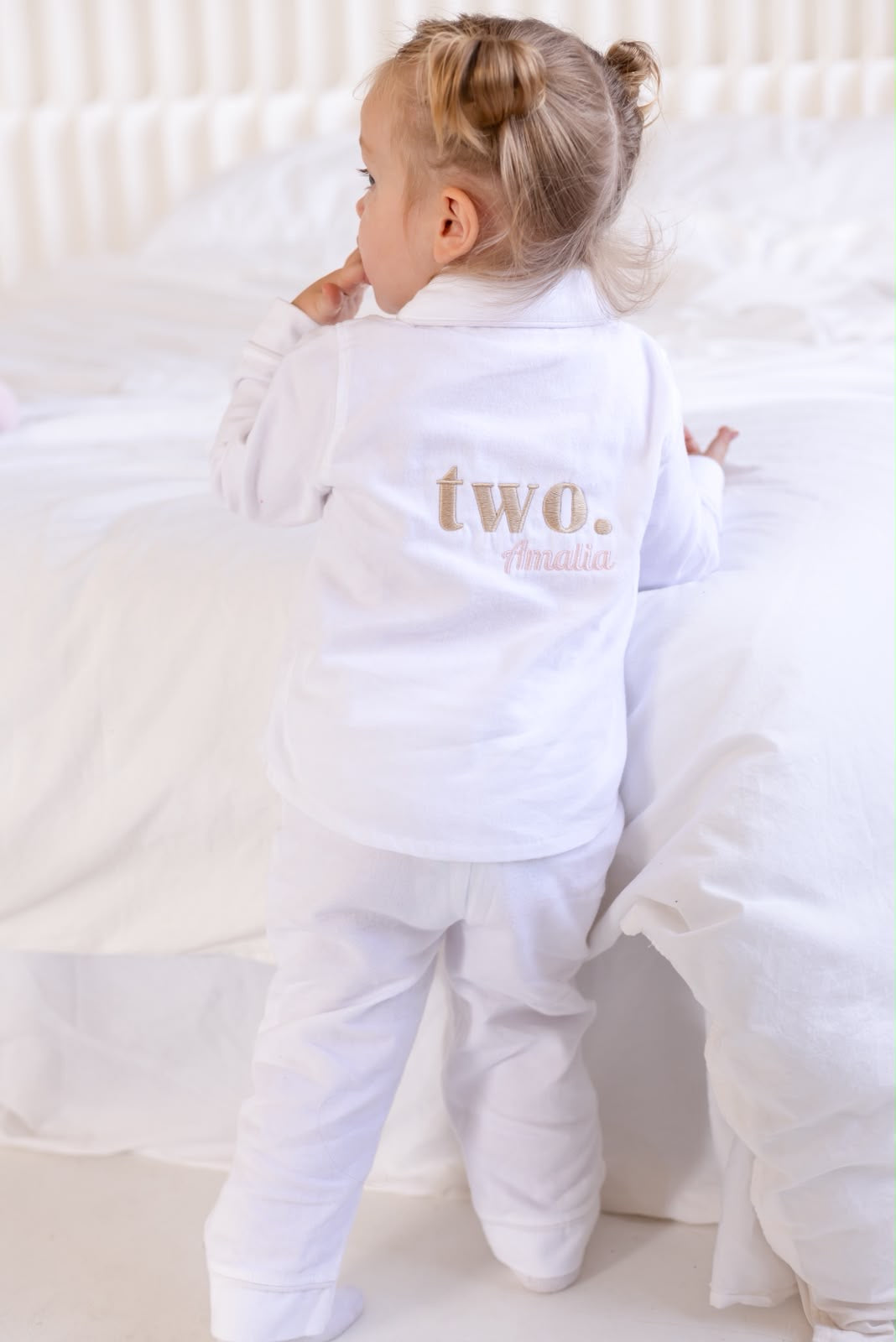 Birthday Age White Button Up Pyjama Set - Embroidered two side