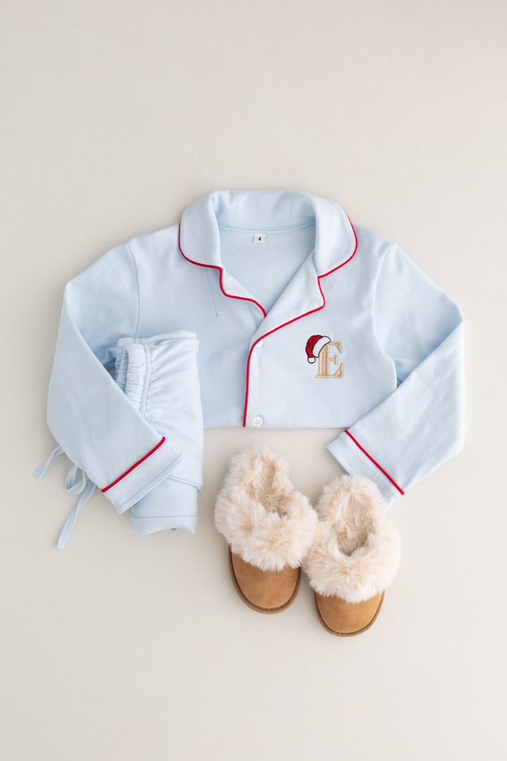 Sleigh Blue Children's matching PJ set - Initial Santas Hat embroidery