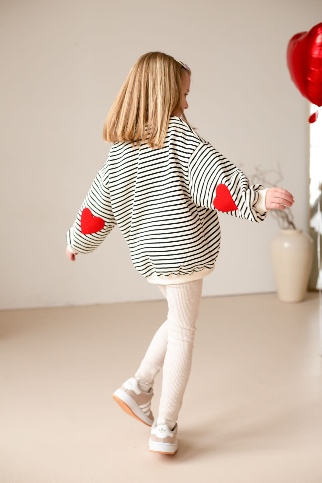 Fleece Stripe Heart Sweatshirt - Black Embroidered