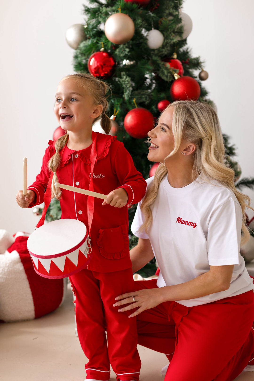 Womens Family Christmas Two Piece Set - Red with White trim