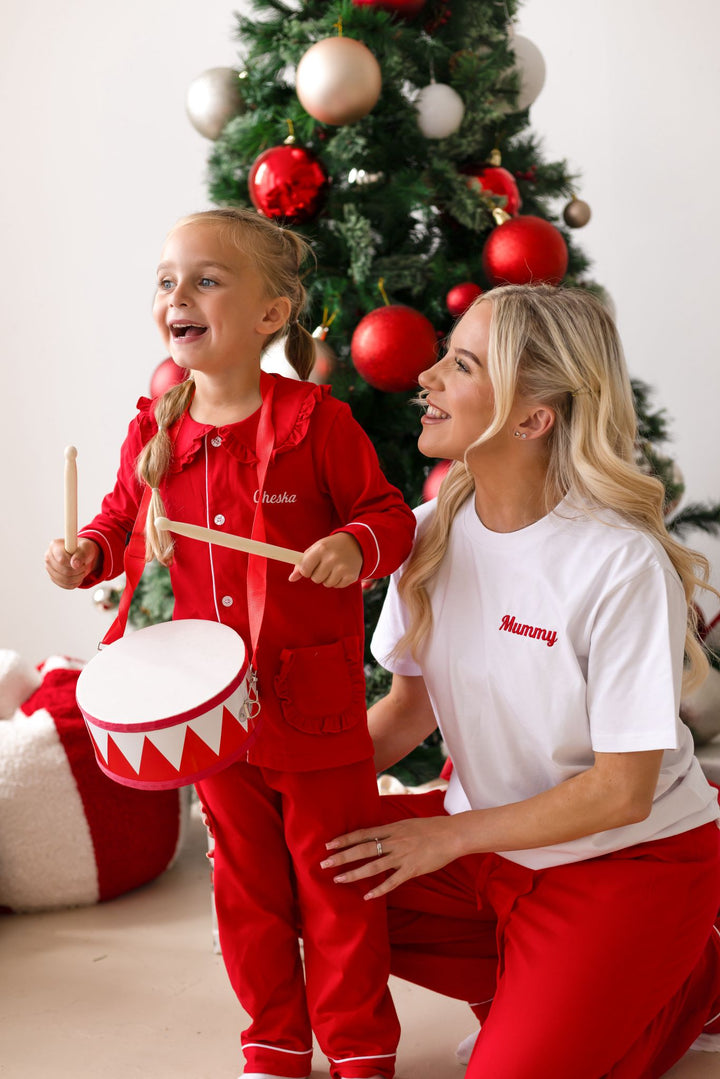 Womens Family Christmas Two Piece Set - Red with White trim