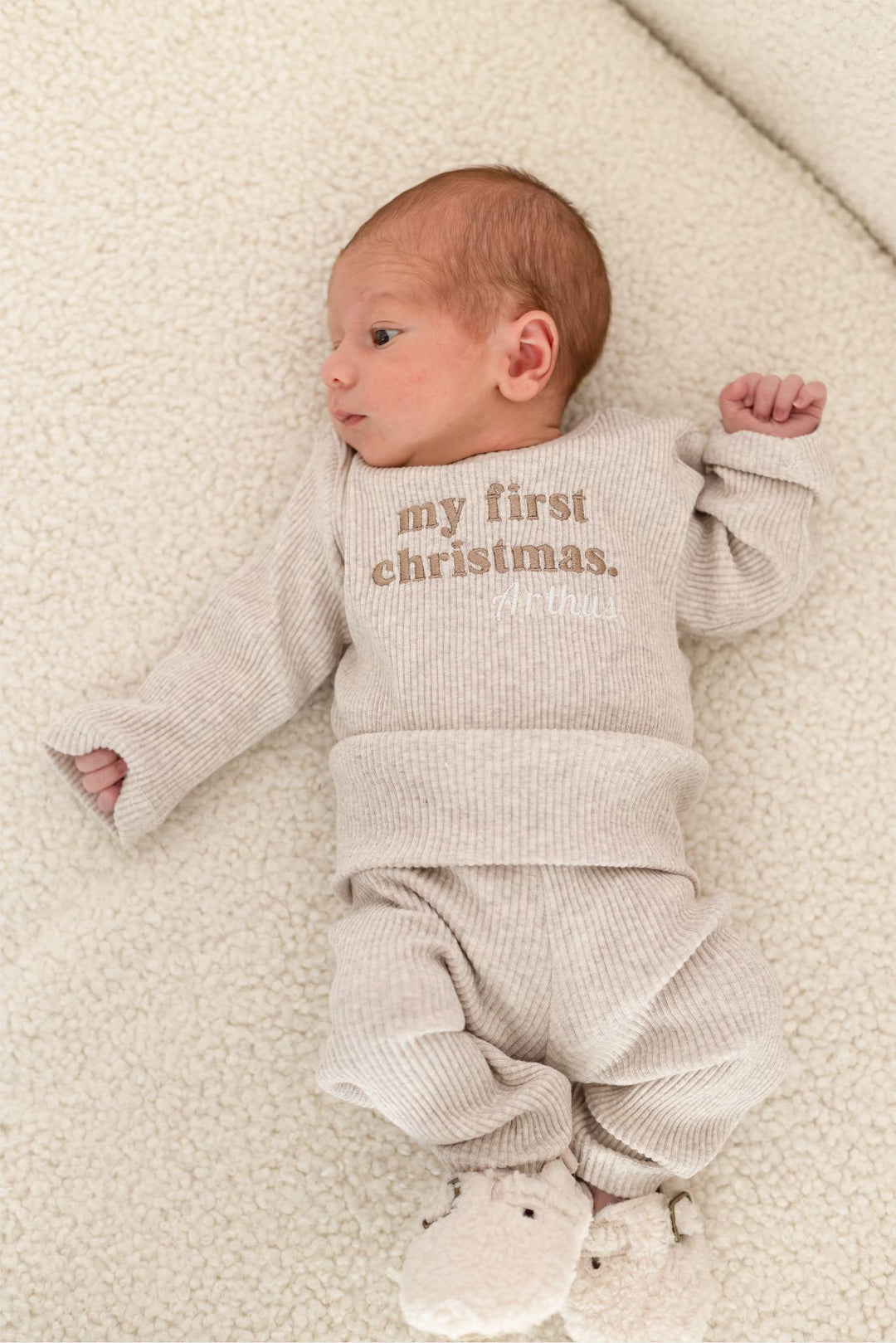First Christmas Oatmeal Ribbed Baby Set - Embroidered