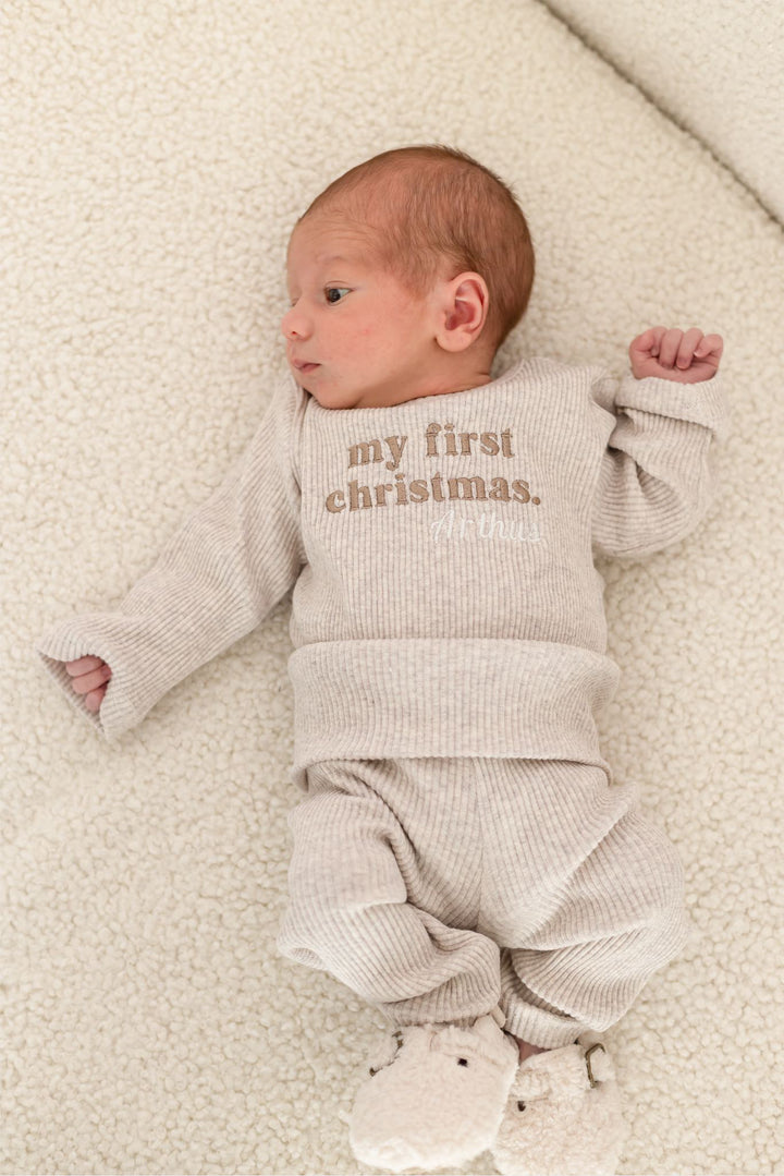 First Christmas Oatmeal Ribbed Baby Set - Embroidered