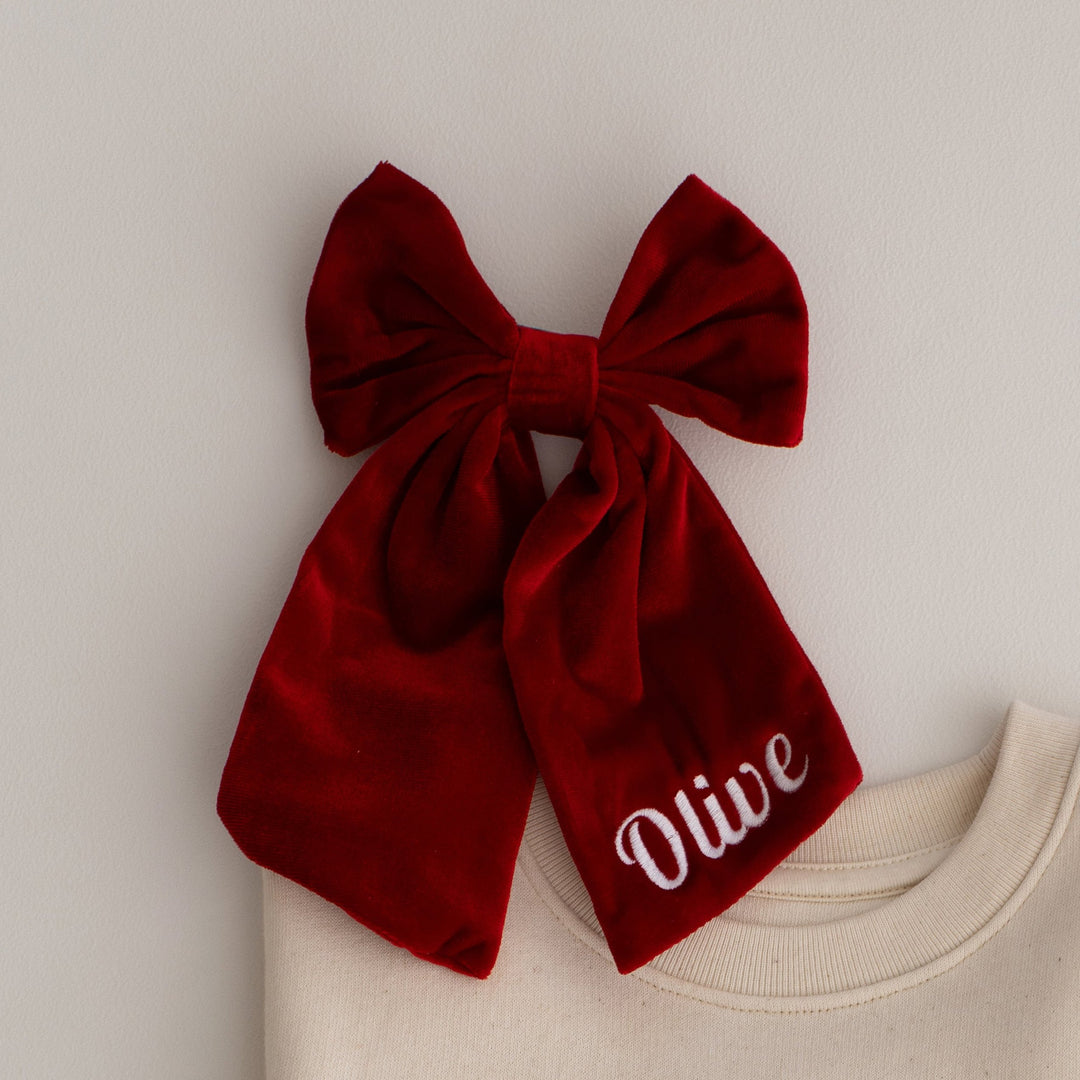 Large red Velvet Bow Clip - Embroidered
