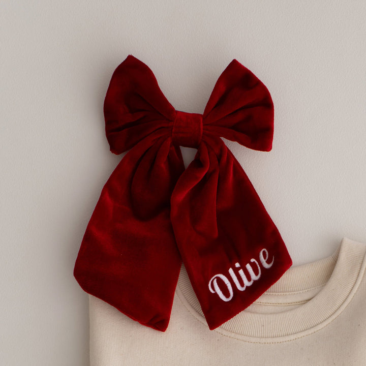 Large red Velvet Bow Clip - Embroidered