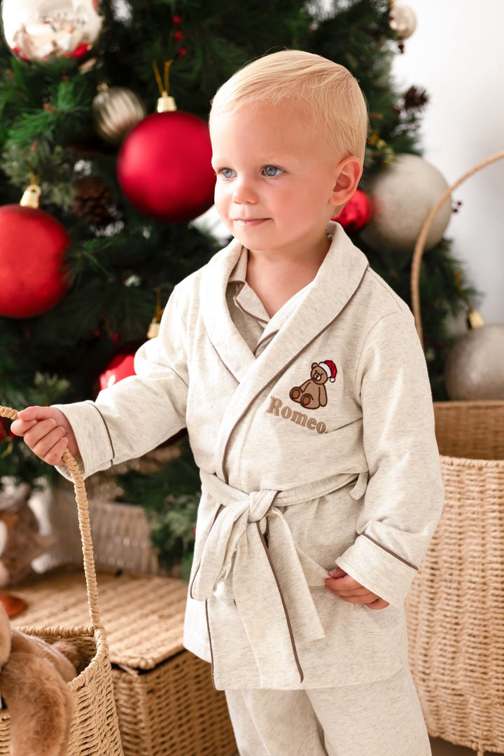 Oatmilk Dressing gown - Bear Santas Hat embroidery