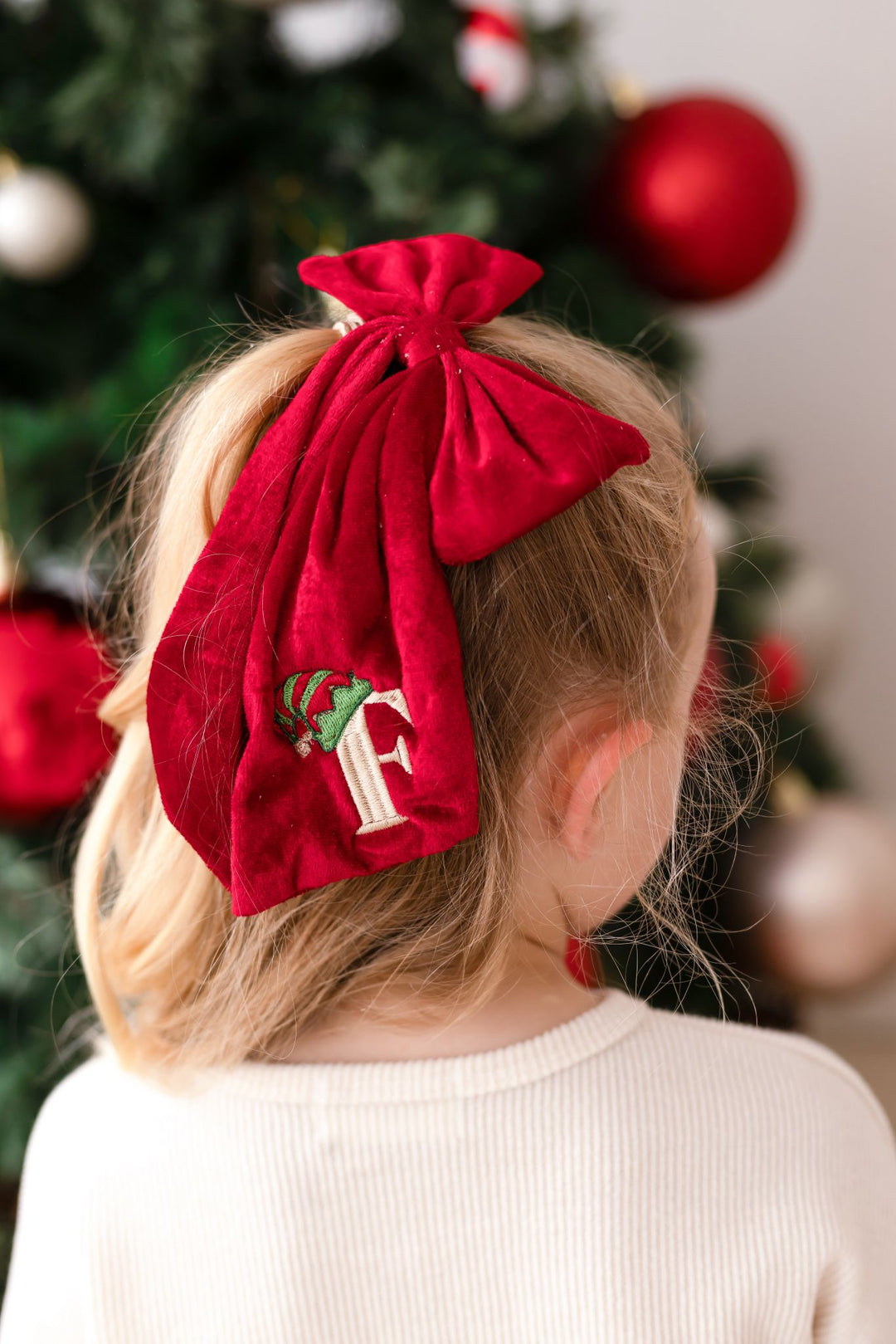 Large red Velvet Elf's Hat Initial Bow Clip - Embroidered