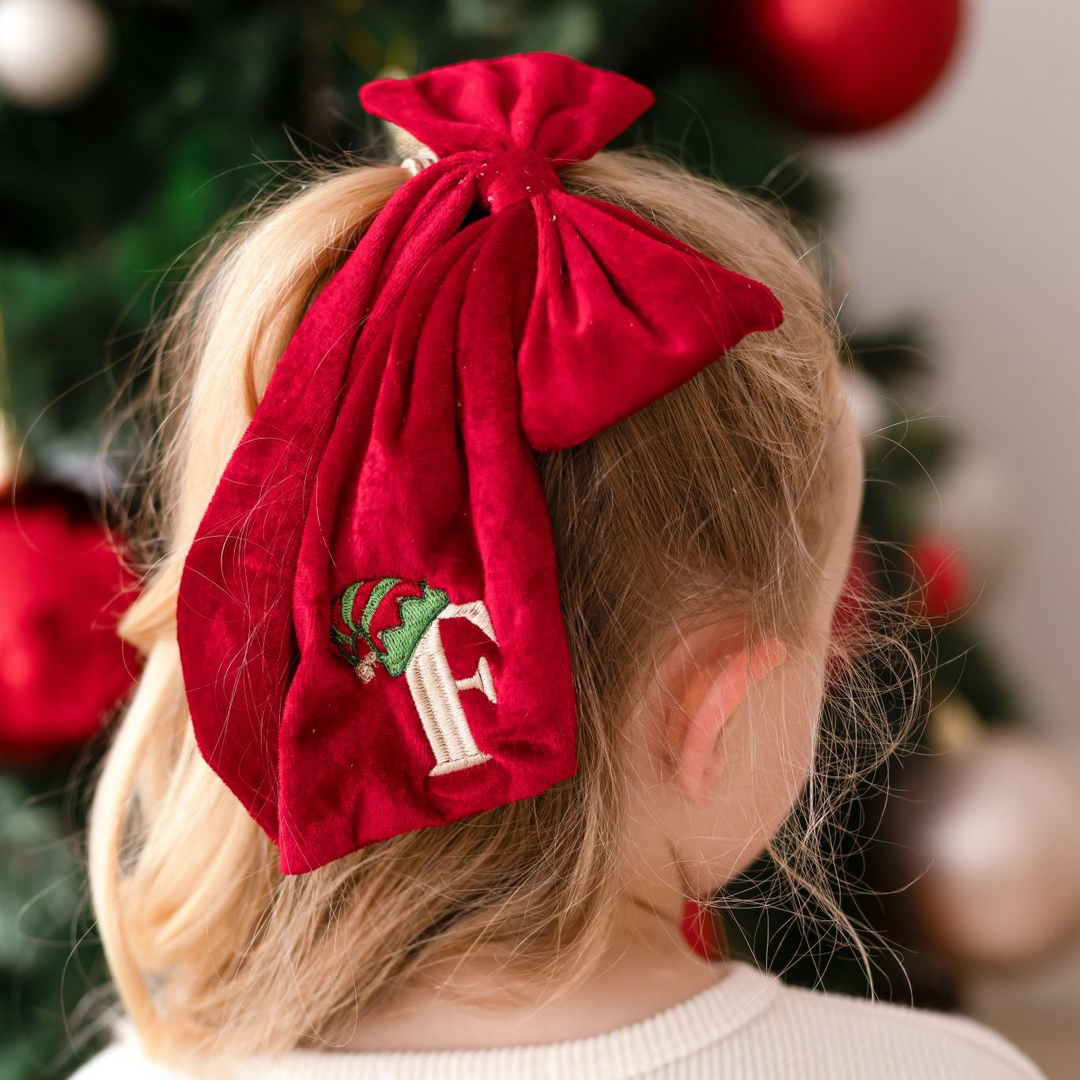 Large red Velvet Elf's Hat Initial Bow Clip - Embroidered