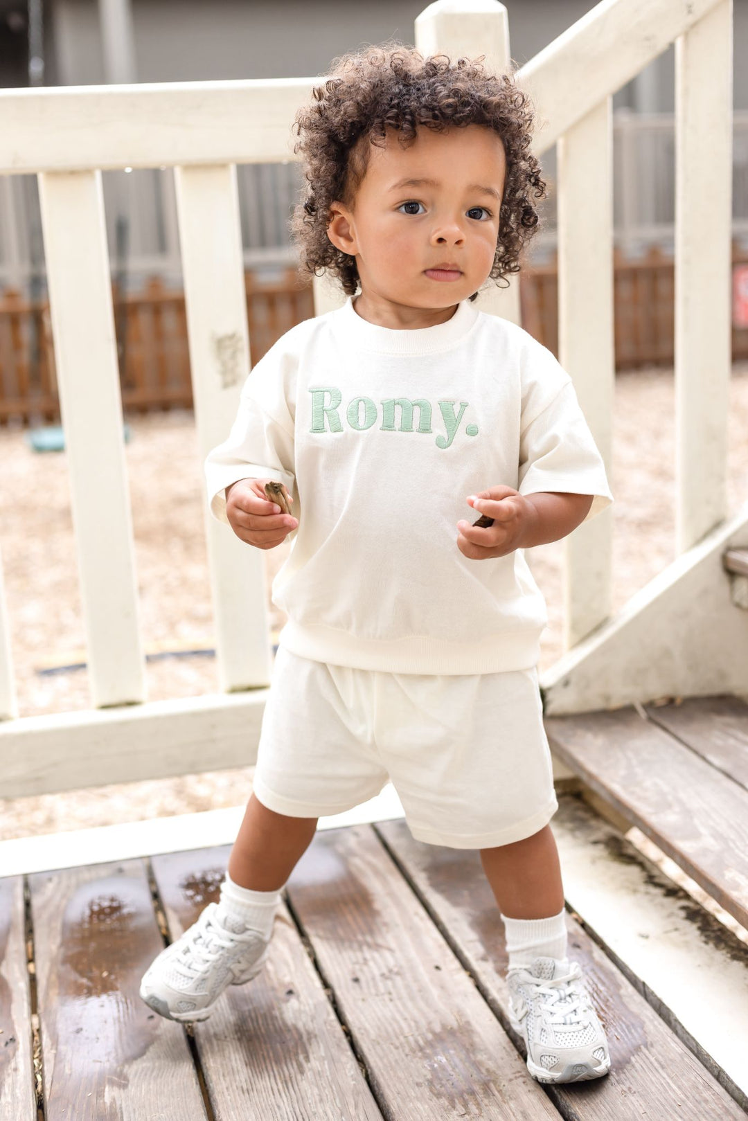 Vanilla with Pistachio Thread Name Indi Elle Short Set - Signature Embroidered