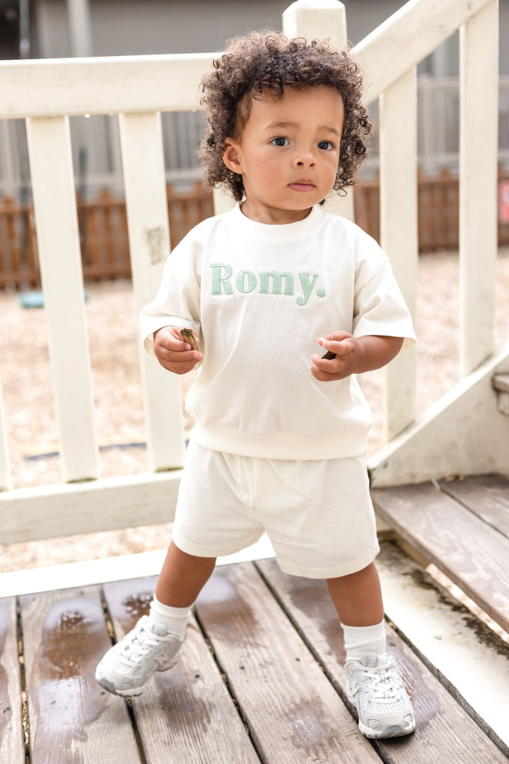 Vanilla with Pistachio Thread Name Indi Elle Short Set - Signature Embroidered