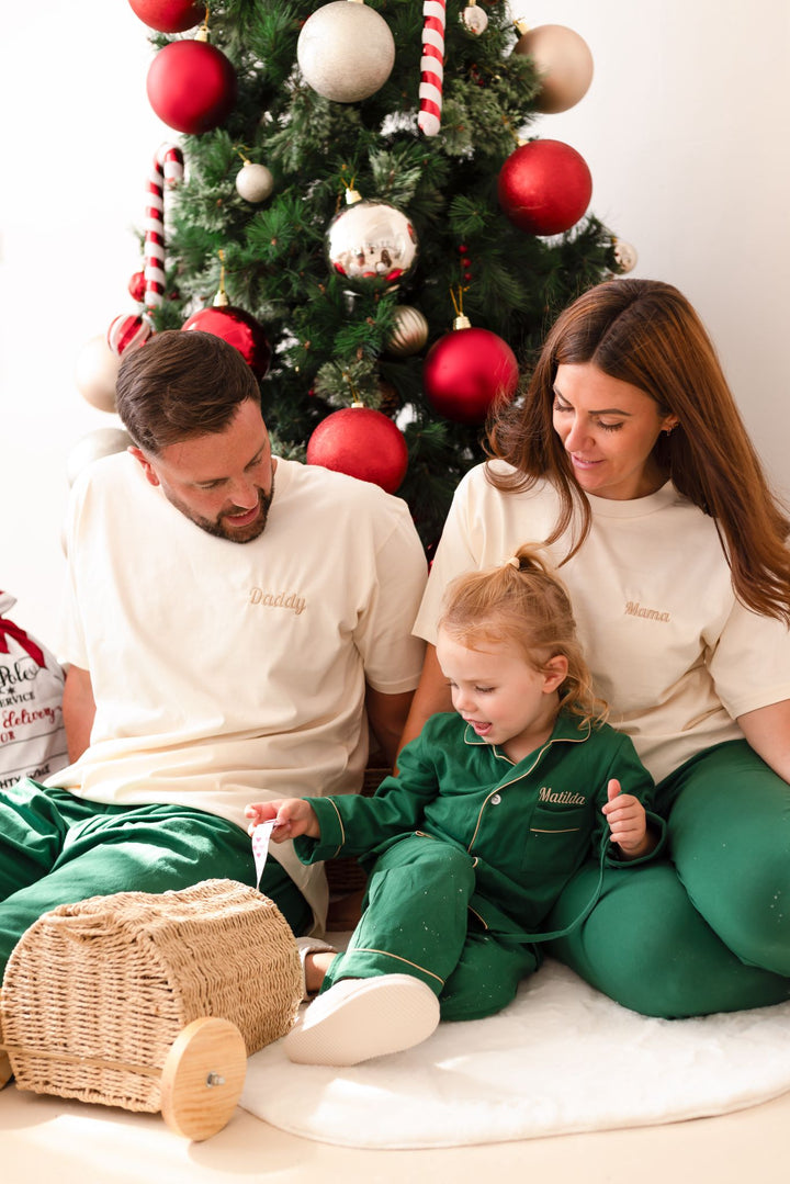 Festive Green Children's matching PJ set - Name embroidery